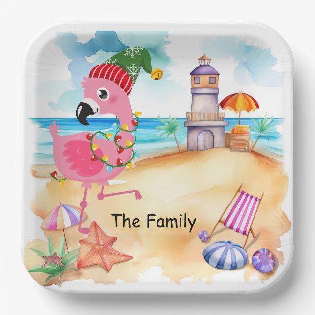 Weihnachten im Juli mit SANTA flamingo Pappteller (Vorderseite)