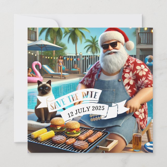 Weihnachten im Juli Pool Party mit dem Weihnachtsm Save The Date (Vorderseite)