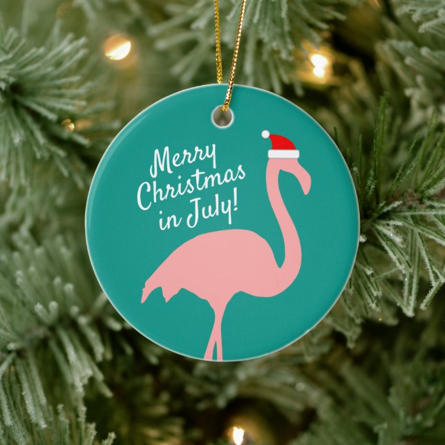 Weihnachten im Juli rosa Flamingo Weihnachtsmann Keramik Ornament (Baum)