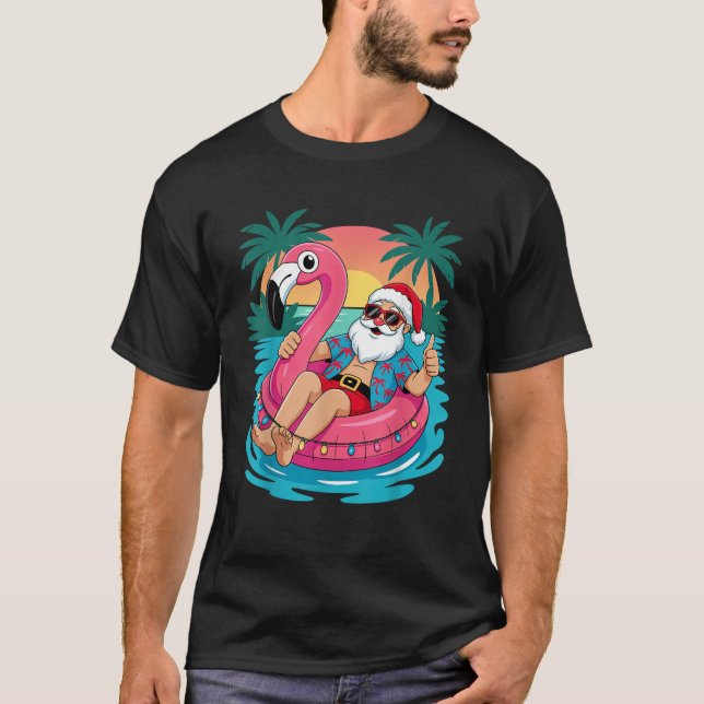 Weihnachten im Juli Santa Flamingo Float Aloha Haw T-Shirt (Vorderseite)