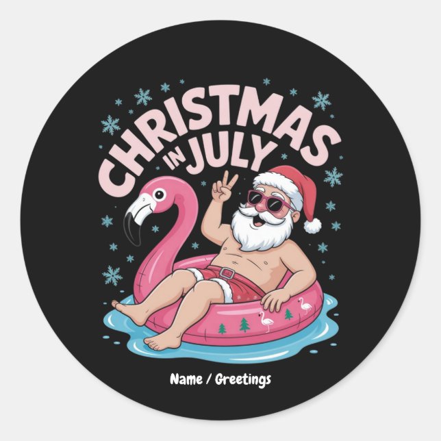 Weihnachten im Juli Santa Flamingo Funny Summer Xm Runder Aufkleber (Vorderseite)