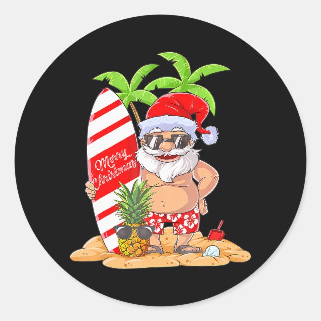 Weihnachten im Juli Santa Hawaiianisches Sommersur Runder Aufkleber (Vorderseite)