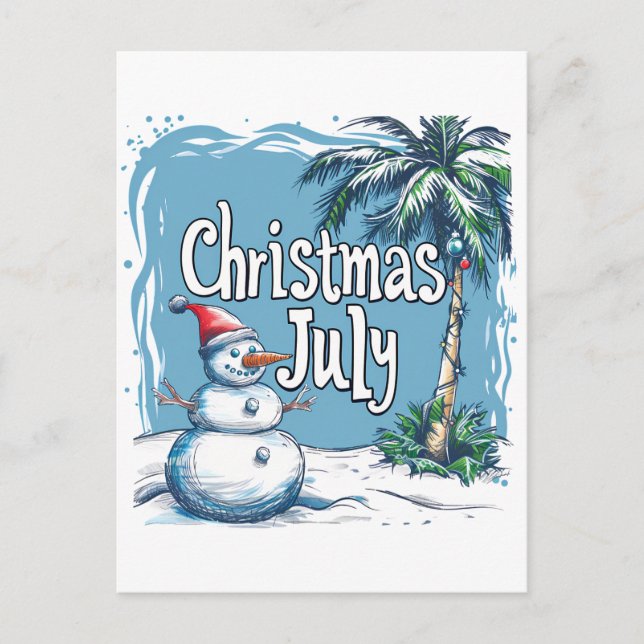 Weihnachten im Juli Snowman & Palm Tree Design Postkarte (Vorderseite)