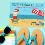 Weihnachten im Juli Sommer Santa Claus Beach Party Einladung<br><div class="desc">Dieses niedliche Weihnachten im Juli zeichnend ist eine perfekte Party Einladung für einen Strandbash oder eine Pool-Ansammlung. Machen Sie es zu einem lustigen Nordpol Thema extravaganza mit dem Weihnachtsmann in seinen Swimmingpools neben einem rot-weiß gestreiften Strand Schirm und Geschenke. Ich habe Herrn Klaus noch nie zuvor in einem Anzug gesehen!...</div>