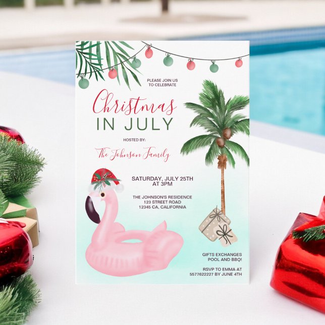 Weihnachten im Juli Strand tropisches Flamingo Einladung (Fun Christmas in July beach tropical flamingo Invitation)