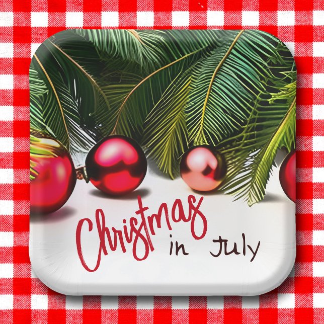 Weihnachten im Juli Tropical Palm Trees Sommer Par Pappteller (Christmas in July tropical outdoor party plates with palm trees and red ornaments)