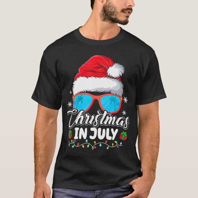Weihnachten im Juli Weihnachtsmannmütze Sonnenbril T-Shirt (Vorderseite)