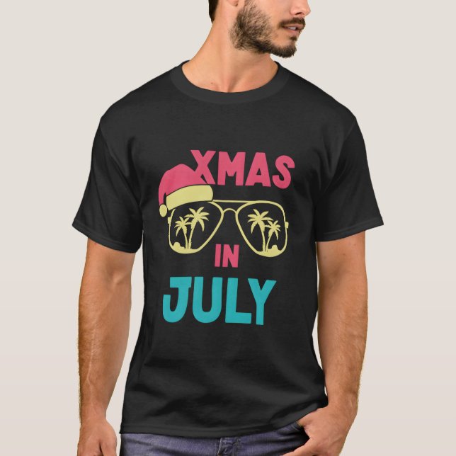 Weihnachten im Juli Weihnachtsmannmütze Sonnenbril T-Shirt (Vorderseite)