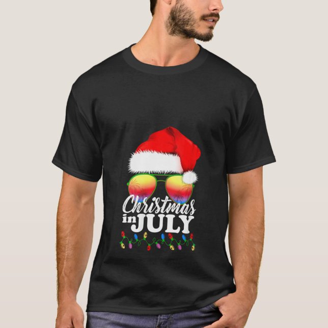 Weihnachten im Juli Weihnachtsmannmütze Sonnenbril T-Shirt (Vorderseite)