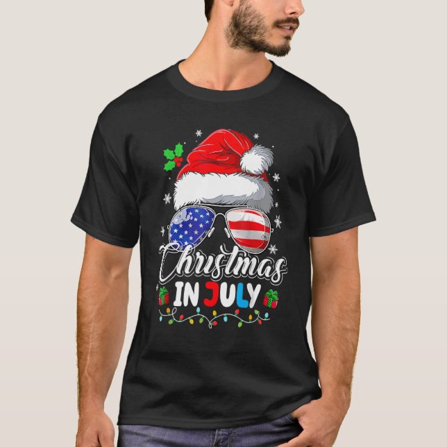 Weihnachten im Juli Weihnachtsmannmütze USA Flagge T-Shirt (Vorderseite)