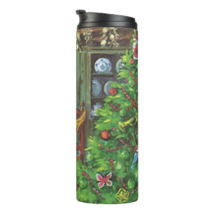 Weihnachten im Landhaus, gemütliche Holzhütte mit  Thermosbecher