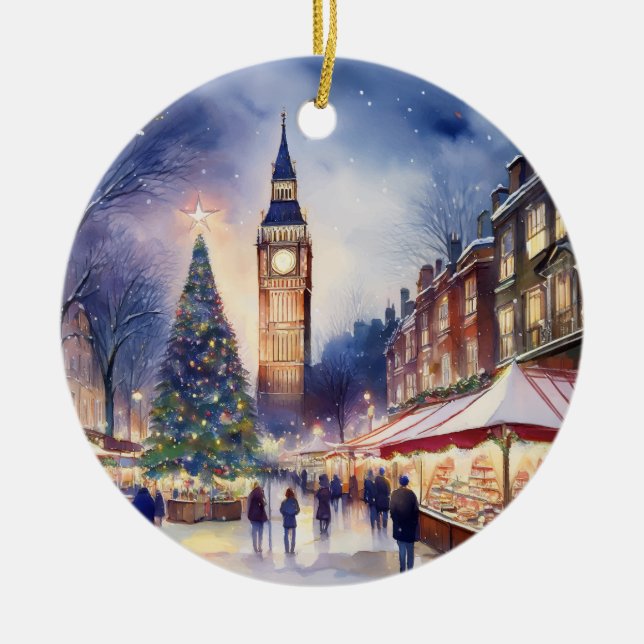Weihnachten im Londoner Big Ben Watercolor Keramik Ornament (Vorne)