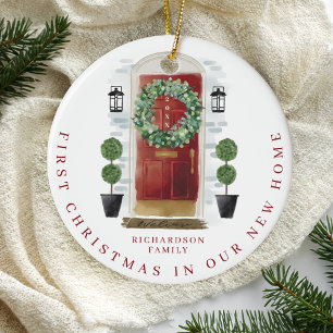 Weihnachten im neuen Zuhause Watercolor Red Door K Keramik Ornament
