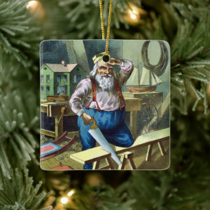Weihnachten im Retro-Stil, Weihnachtsmann baut Spi Keramikornament