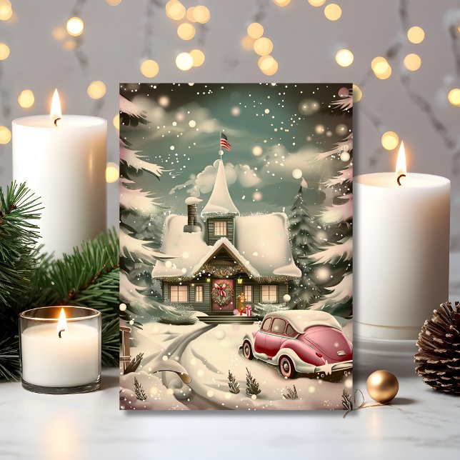 Weihnachten im rosa Oldtimer vor verschneiter Hütt Karte (A vintage holiday scene with a pink car and cozy cottage charm)