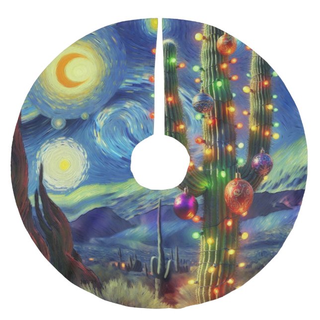 Weihnachten im Südwesten der Wüste Saguaro Polyester Weihnachtsbaumdecke (Vorderseite)