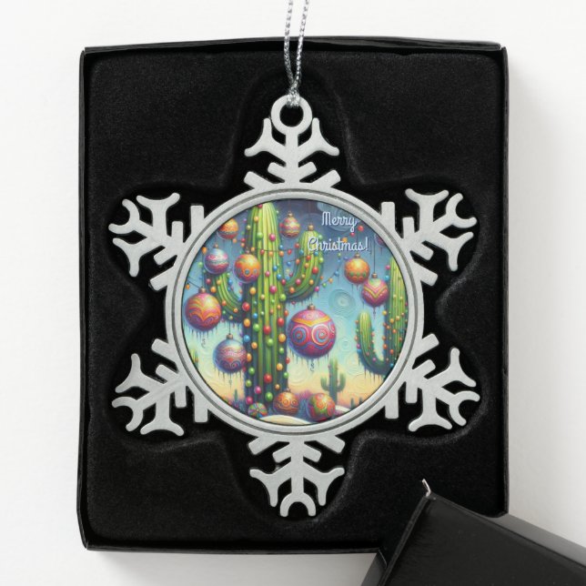 Weihnachten im Südwesten der Wüste Saguaro Schneeflocken Zinn-Ornament (Box)