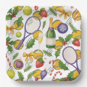 Weihnachten im Tennis mit Ball und Schläger Pappteller