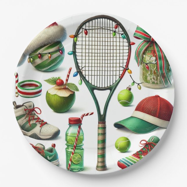 Weihnachten im Tennis mit Schläger und Ball Pappteller (Vorderseite)