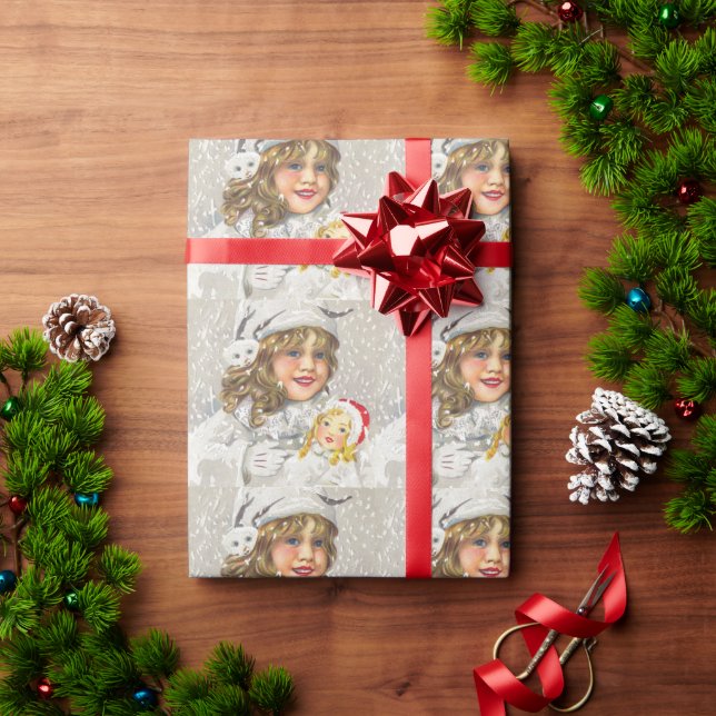 Weihnachten im viktorianischen Stil - Mädchen mit  Geschenkpapier (Feiertagsgeschenk)