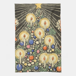 Weihnachten im Vintage-Stil, Baum mit Kerzen und e Geschirrtuch