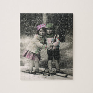 Weihnachten im Vintage-Stil, beste Freunde auf Ski Puzzle