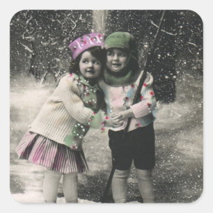 Weihnachten im Vintage-Stil, beste Freunde auf Ski Quadratischer Aufkleber