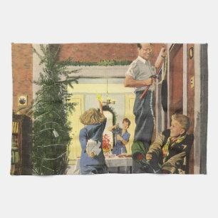 Weihnachten im Vintage-Stil, Familie beim Schmücke Geschirrtuch
