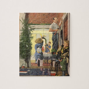 Weihnachten im Vintage-Stil, Familie beim Schmücke Puzzle