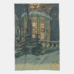 Weihnachten im Vintage-Stil, Haus mit Kränzen in d Geschirrtuch