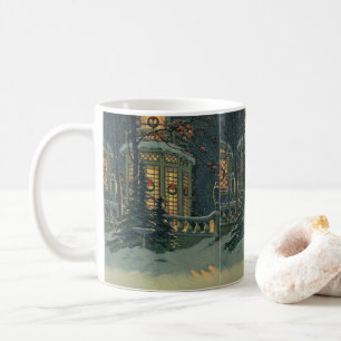 Weihnachten im Vintage-Stil, Haus mit Kränzen in d Kaffeetasse