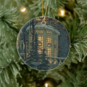 Weihnachten im Vintage-Stil, Haus mit Kränzen in d Keramikornament