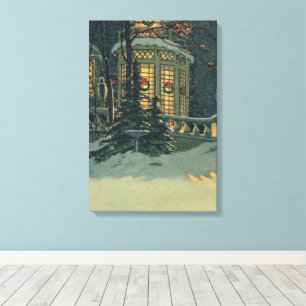 Weihnachten im Vintage-Stil, Haus mit Kränzen in d Leinwanddruck