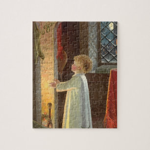 Weihnachten im Vintage-Stil, Kind wärmt sich am Ka Puzzle