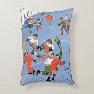 Weihnachten im Vintage-Stil, Kinder beim Eislaufen Dekokissen