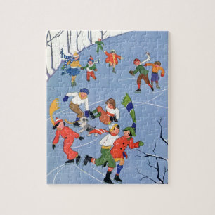 Weihnachten im Vintage-Stil, Kinder beim Eislaufen Puzzle