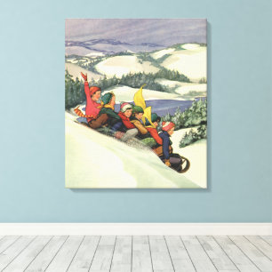 Weihnachten im Vintage-Stil, Kinder beim Schlitten Leinwanddruck