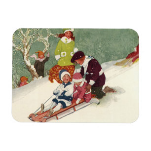 Weihnachten im Vintage-Stil, Kinder beim Schlitten Magnet