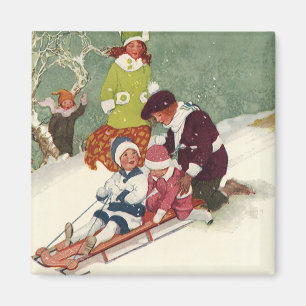 Weihnachten im Vintage-Stil, Kinder beim Schlitten Magnet