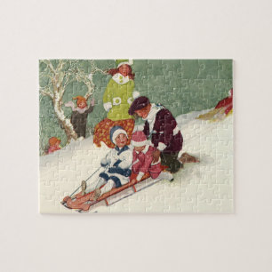 Weihnachten im Vintage-Stil, Kinder beim Schlitten Puzzle