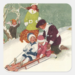 Weihnachten im Vintage-Stil, Kinder beim Schlitten Quadratischer Aufkleber