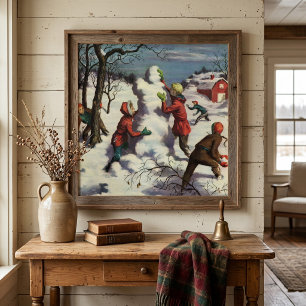Weihnachten im Vintage-Stil, Kinder beim Schneebal Poster