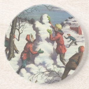 Weihnachten im Vintage-Stil, Kinder beim Schneebal Sandstein Untersetzer