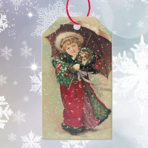 Weihnachten im Vintage-Stil: Kleines Mädchen & Wel Geschenkanhänger