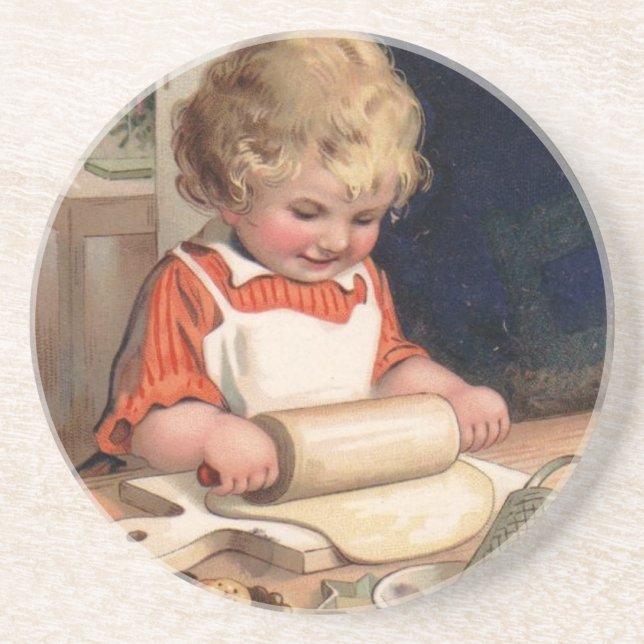 Weihnachten im Vintage-Stil - Mädchen beim Backen  Getränkeuntersetzer (Vorne)