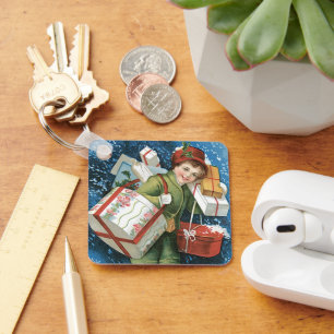 Weihnachten im Vintage-Stil, Mädchen mit Geschenke Schlüsselanhänger