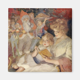 Weihnachten im Vintage-Stil, Mutter liest Bettgesc Magnet