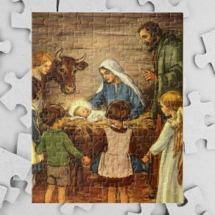Weihnachten im Vintage-Stil, religiöse Geburt mit Puzzle