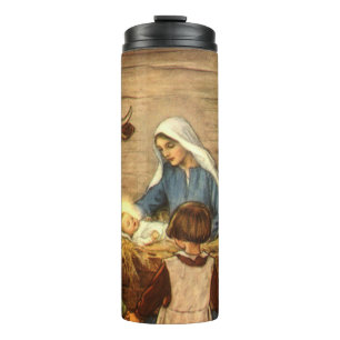 Weihnachten im Vintage-Stil, religiöse Geburt mit  Thermosbecher