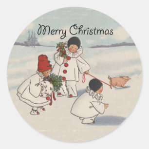 Weihnachten im Vintage-Stil Schneekinder Schwein Runder Aufkleber
